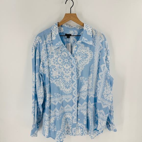 Ann Taylor 100% Linen Blue White Paisley Button Down Shirt NWT Size XXL - Picture 1 of 6